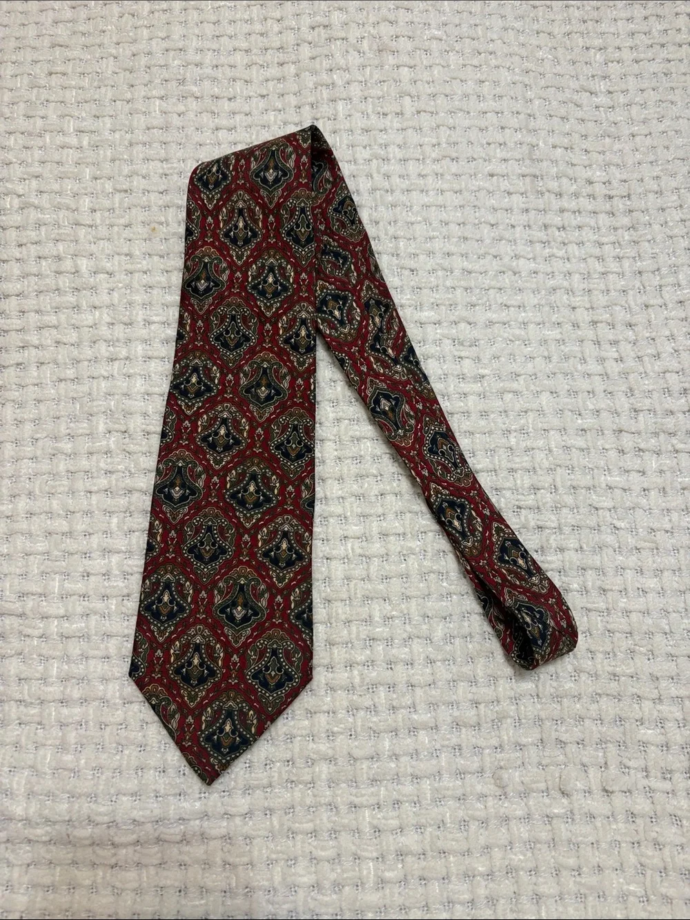 Dior Men's Burgundy Paisley Tie with Navy and Cream Accents